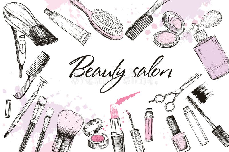 Corte do cabelo, tratamento de mãos, composição, coloração de cabelo, cabeleireiro, denominando ferramentas profissionais da bele ilustração stock Corte do cabelo, tratamento de mãos, composição, coloração de cabelo, cabeleireiro, denominando ferramentas profissionais da bele ilustração stock