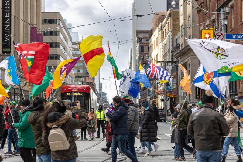 Cortei in occasione della saint patricks Day con bandiere di diverse contee di irlanda e canada