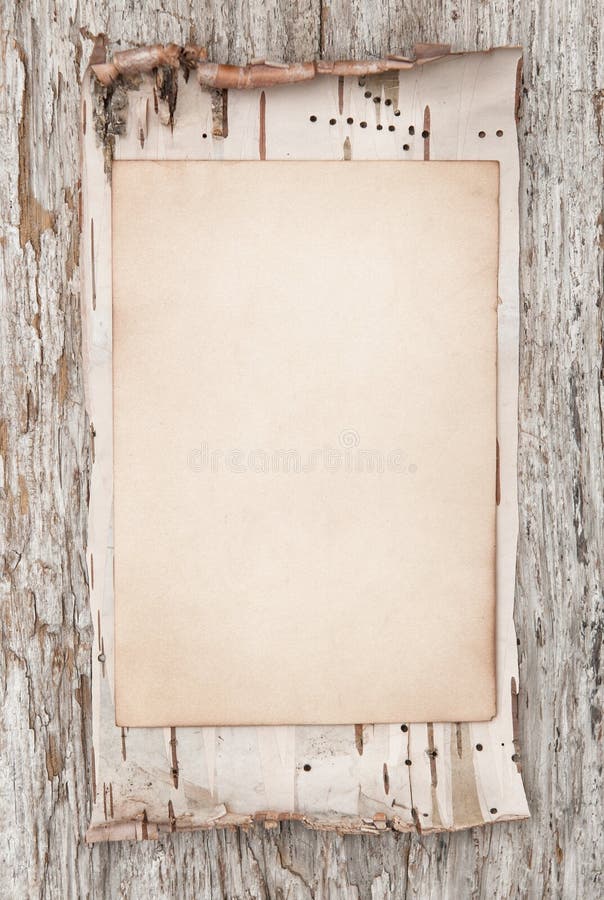 Aged paper and birch bark on the old wooden background. Aged paper and birch bark on the old wooden background