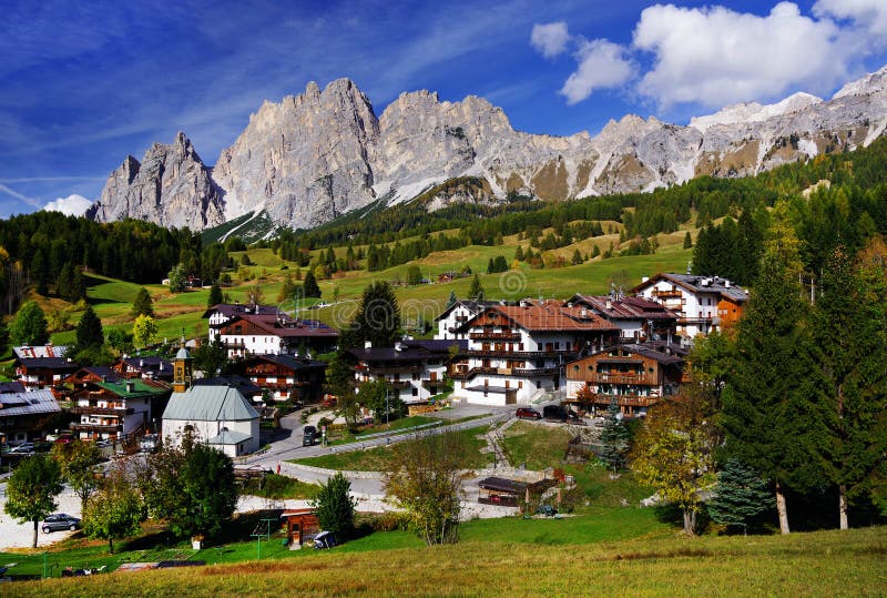 Cortina D Ampezzo with Pomagagnon mountain in background.