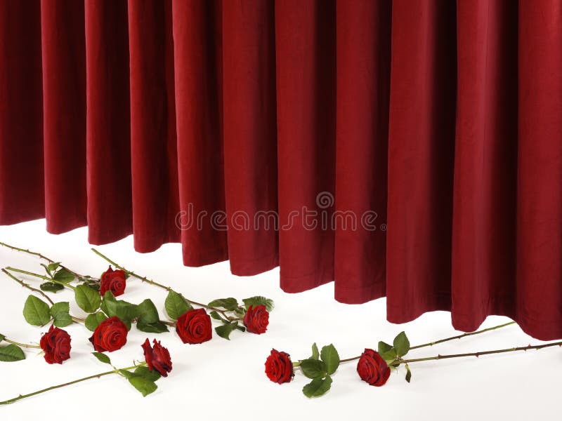 Cortina roja del teatro en etapa con las rosas rojas fotos de archivo Cortina roja del teatro en etapa con las rosas rojas fotos de archivo