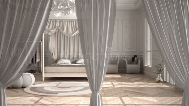 Cortinas Blancas Sobre El Dormitorio Clásico, Fondo De Diseño