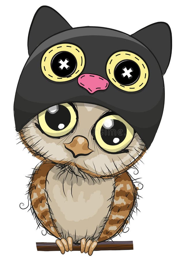 Coruja bonito dos desenhos animados em um chapéu do gato ilustração royalty free Coruja bonito dos desenhos animados em um chapéu do gato ilustração royalty free