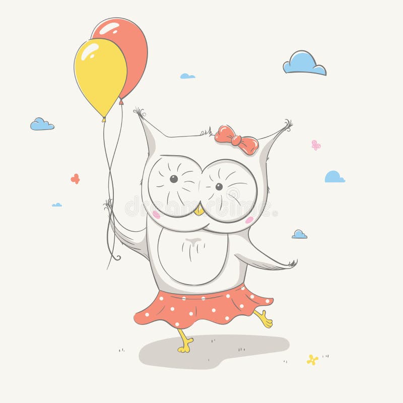 Coruja pequena bonito bonita em uma saia com os às bolinhas com os dois balões coloridos Animal bonito dos desenhos animados ilustração do vetor Coruja pequena bonito bonita em uma saia com os às bolinhas com os dois balões coloridos Animal bonito dos desenhos animados ilustração do vetor
