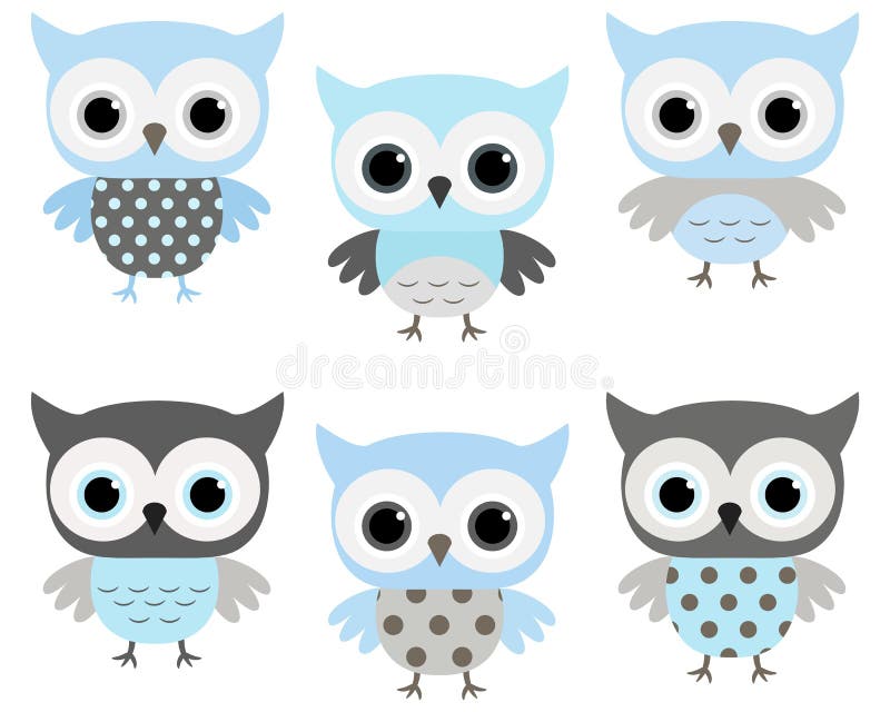 Corujas azuis e cinzentas bonitos do vetor ilustração stock Corujas azuis e cinzentas bonitos do vetor ilustração stock