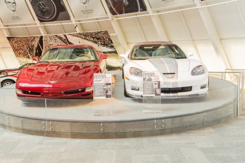 2003 and 2013 Chevrolet Corvettes displayed at the National Corvette Museum in Bowling Green, Kentucky, USA.