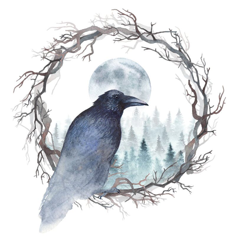 Corvo dell'acquerello su una corona illustrazione vettoriale Corvo dell'acquerello su una corona illustrazione vettoriale