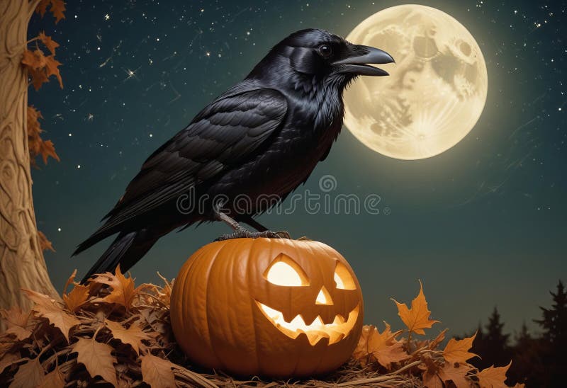 Corvo su un jack o lanterna. Corvo generato dall'aria su un jack o lanterna