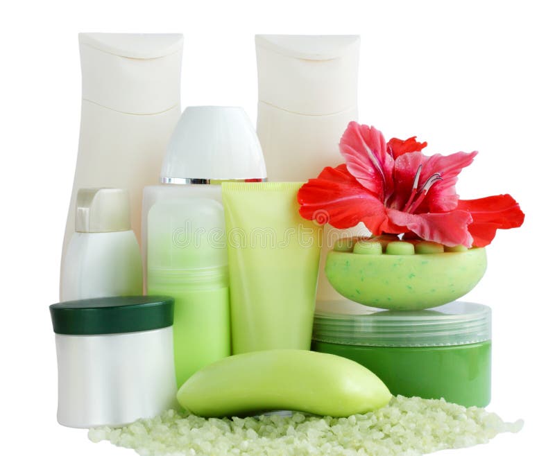 Collection of cosmetic for the bath on white