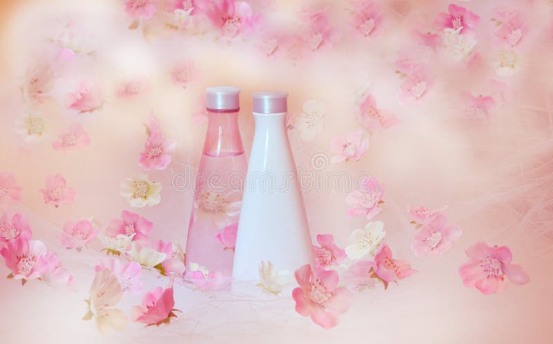 Cosmetic bottles with flowers