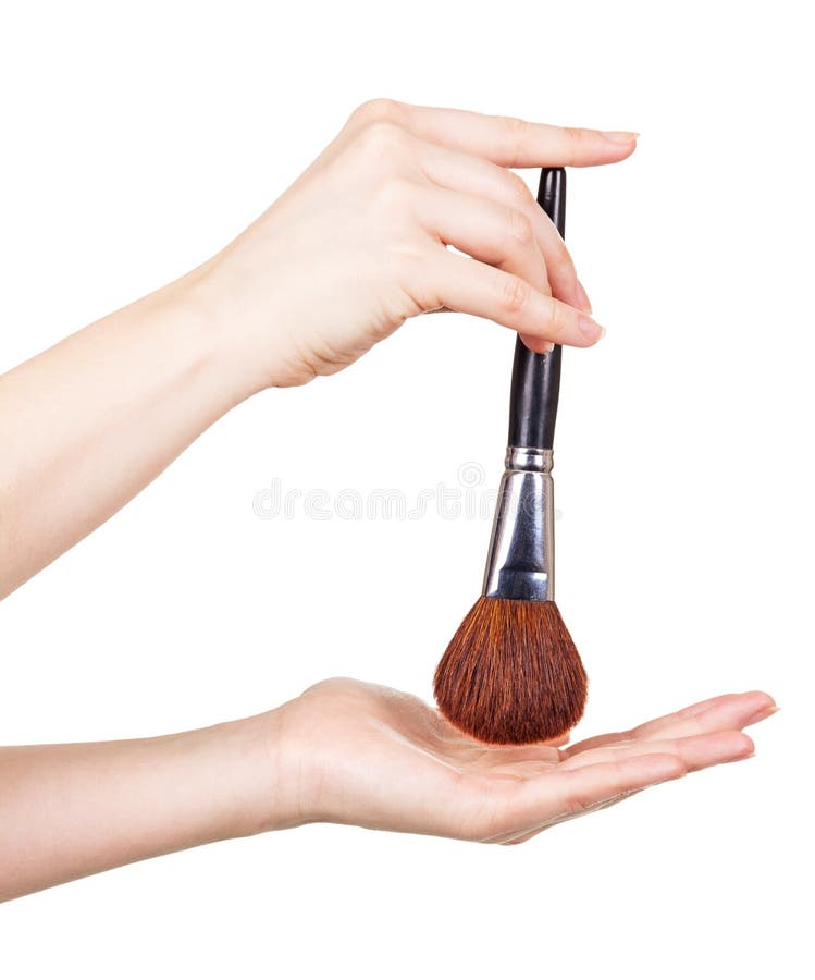 Cosmetic Brush For Makeup In Hands Women Isolated On White. Stock Image