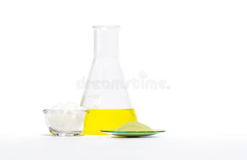 Cosmetic chemicals ingredient on laboratory table. Optiblanc MBT, Yellow cosmetic color oil, Microcrystalline wax sp-623