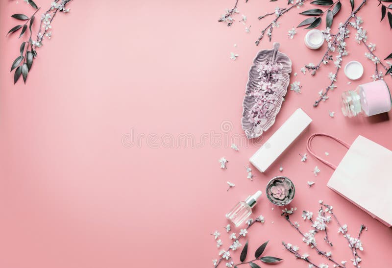 Cosmetic Concept. Facial Skin Care Products and Paper Shopping Bag on  Pastel Pink Background with Cherry Blossom and Leaves, Top Stock Image -  Image of layout, blog: 136506131