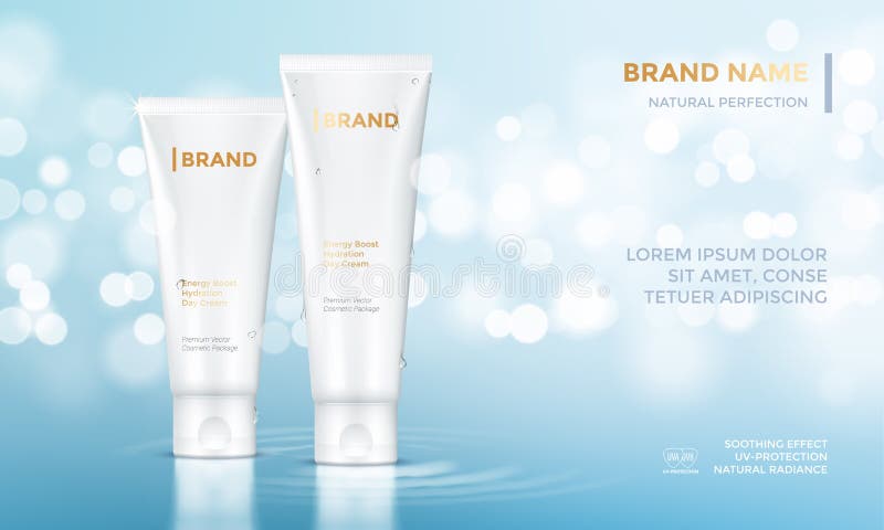 Cosmetic package advertising vector template skin care cream water background