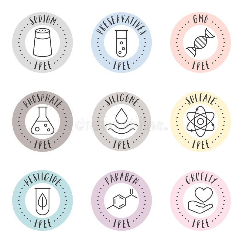 Cosmetic and pharmaceutical badges in outline style for organic and natural products