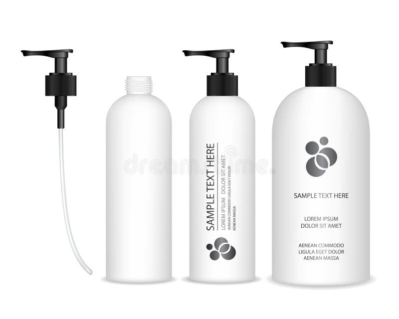 Cosmetic plastic bottle with black dispenser pump. Liquid container for gel, lotion, cream, shampoo, bath foam. stock illustration Cosmetic plastic bottle with black dispenser pump. Liquid container for gel, lotion, cream, shampoo, bath foam. stock illustration