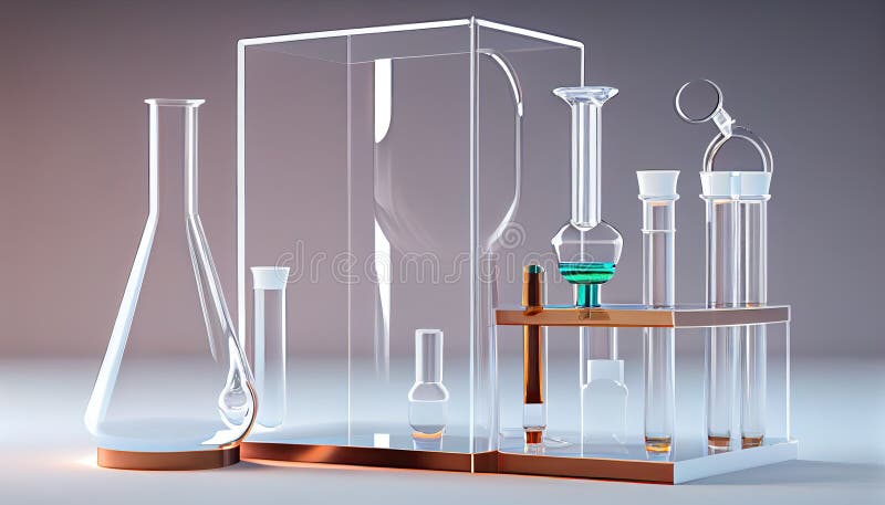 Cosmetic podium splay glass flask cylinder equipment medical science lab background 3d rendering laboratory dais chemical vector illustration