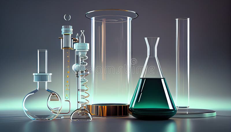 Cosmetic podium splay glass flask cylinder equipment medical science lab background 3d rendering laboratory dais chemical vector illustration