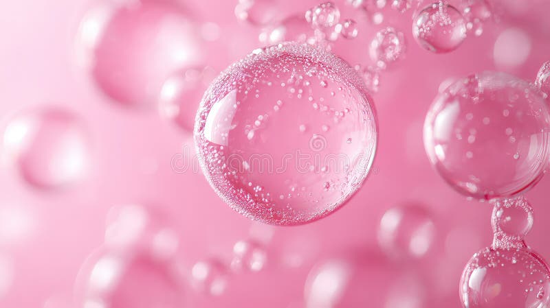 Cosmetic Product Background with Pink Water Drops and Molecules - Abstract Image of Translucent Pink Bubbles on Soft vector illustration