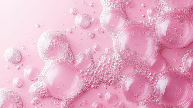 Cosmetic Product Background with Pink Water Drops and Molecules - Abstract Image of Translucent Pink Bubbles on Soft stock image