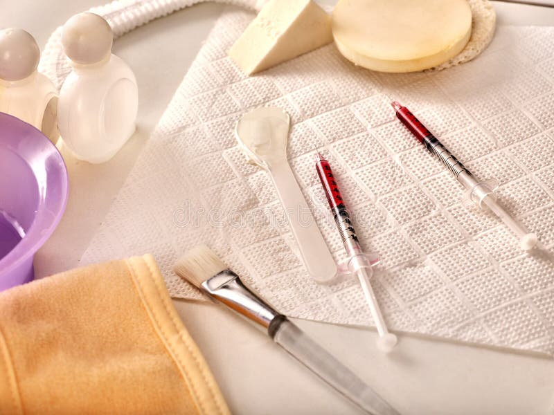 Cosmetic tools, drugs and syringes for beauty injections. Still life. stock image Cosmetic tools, drugs and syringes for beauty injections. Still life. stock image