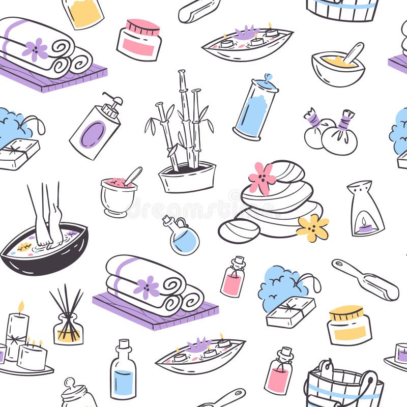 Cosmetici organici per spa, salute e vettoriale di bellezza con pattern senza soluzione di continuità Concetto di doodle spa per royalty illustrazione gratis Cosmetici organici per spa, salute e vettoriale di bellezza con pattern senza soluzione di continuità Concetto di doodle spa per royalty illustrazione gratis