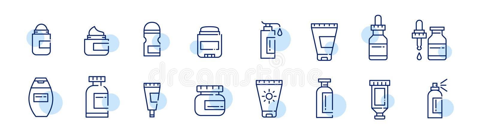 Cosmetics containers icons set. Bottles, cream tubes, spray and drops. Pixel perfect, editable stroke icons set royalty free illustration Cosmetics containers icons set. Bottles, cream tubes, spray and drops. Pixel perfect, editable stroke icons set royalty free illustration