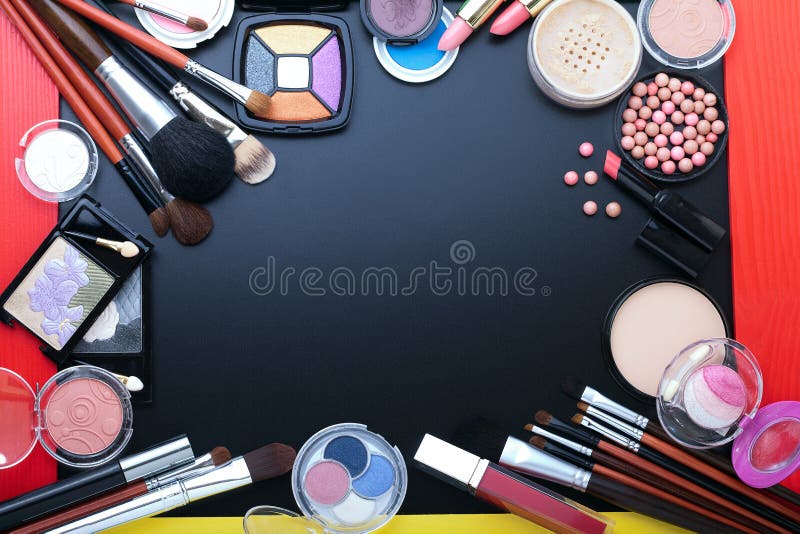 Cosmetics make-up on black background. Top view mock up.