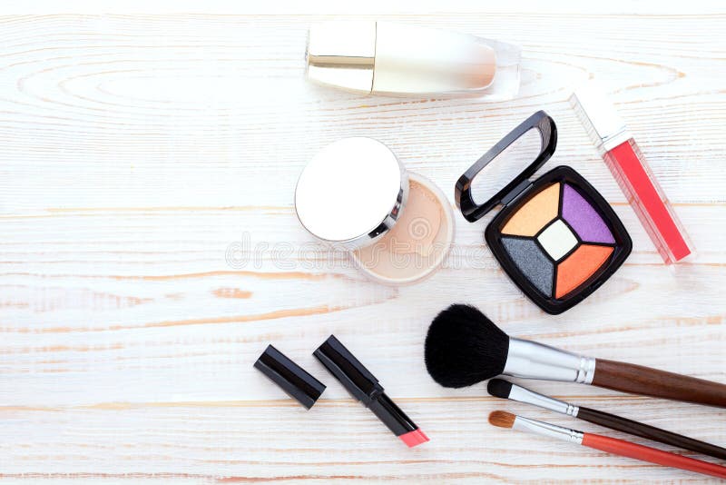 Download Cosmetics Make-up On White Wooden. Background. Top View Mock Up. Stock Image - Image of females ...