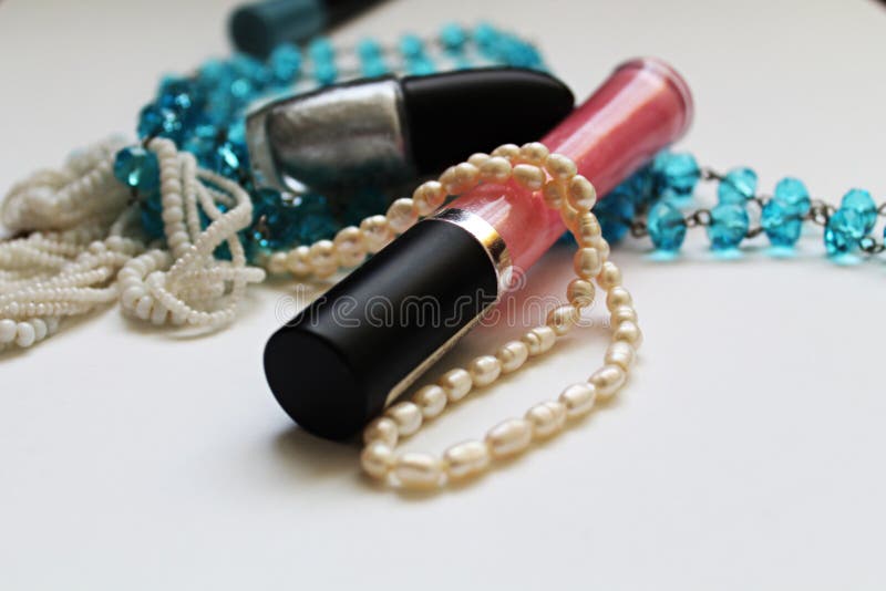 Cosmetics and necklace stock image. Image of makeup, pink 91796767