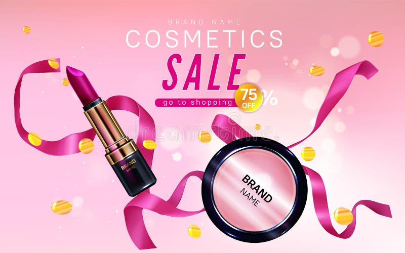 Cosmetics sale banner with lipstick, blush make up