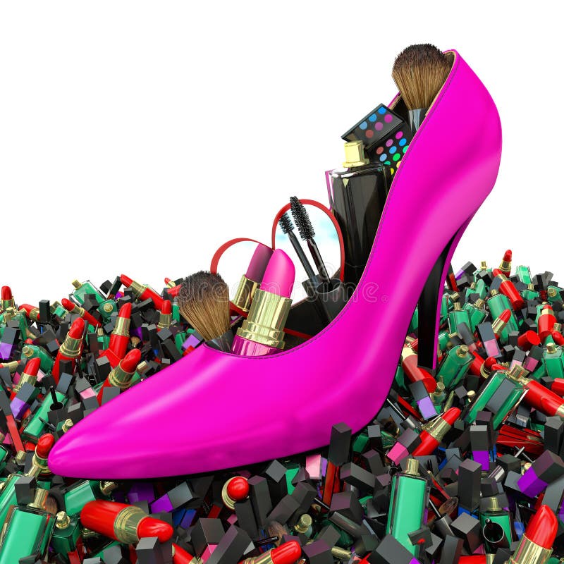 Cosmetics set into a woman s shoe. Fashion