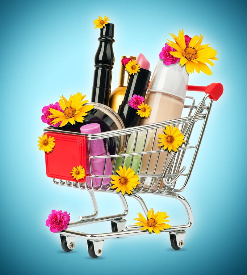 Cosmetics in Shopping Cart with Flowers Stock Image Image of basket