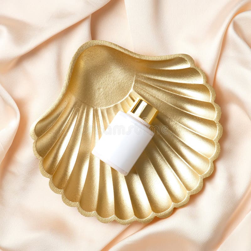 Cosmetische flesjes met golden seashell op zijdeachtergrond
