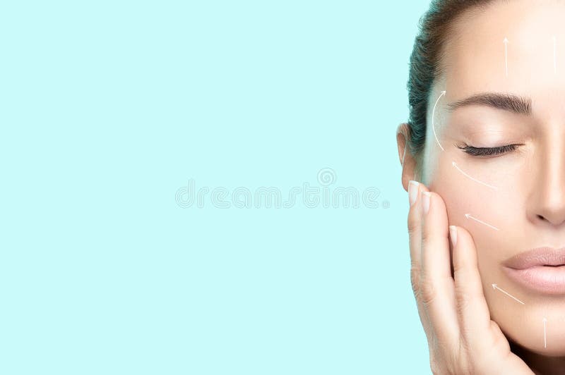 Cosmetology and skin rejuvenation treatment. Beauty face spa woman. Perfect skin. Arrows over face stock image Cosmetology and skin rejuvenation treatment. Beauty face spa woman. Perfect skin. Arrows over face stock image