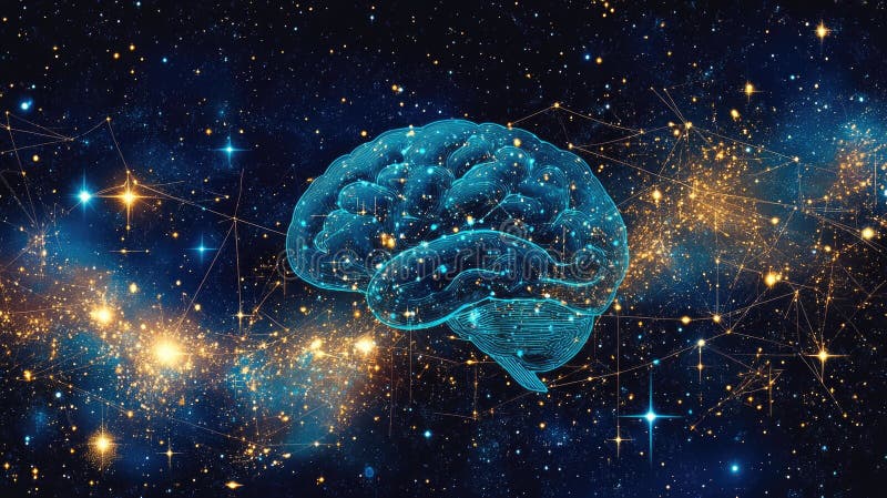Cosmic brain concept: illuminated neural connections in outer space universe royalty free stock image