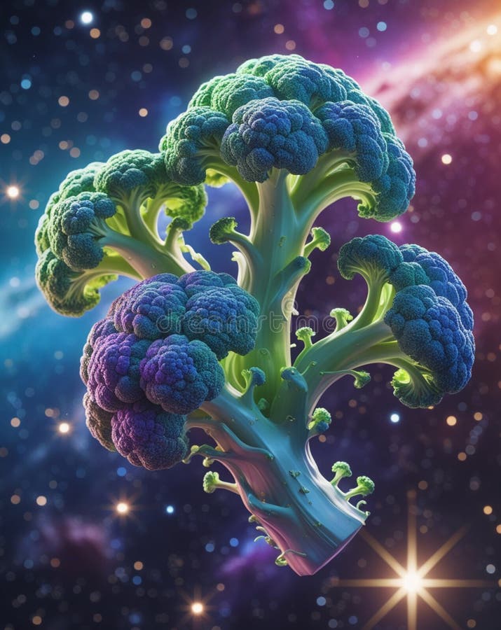 Cosmic broccoli cluster space imaginative depiction of broccoli as a cluster floating in space, Generative AI vector illustration