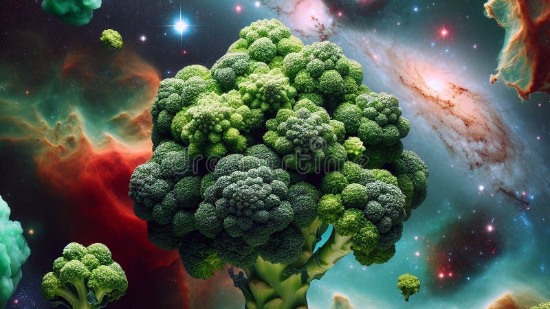 Cosmic broccoli clusters in space. Imaginative depiction of broccoli as clusters floating in outer space royalty free illustration.