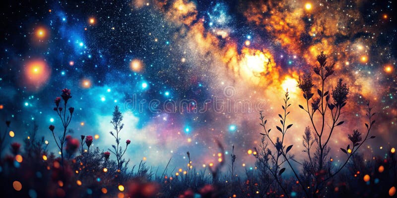 Cosmic Canopy: A Long Exposure Journey Through the Night Sky, Unveiling Abstract Patterns of Stars. Step into a realm beyond the ordinary with this captivating long exposure photograph. Captured under a blanket of night, the image reveals a mesmerizing interplay of light and shadow. Blurred star trails, reminiscent of celestial rivers, weave across the frame, creating a dynamic backdrop against which ethereal foliage seems to float. The soft, out-of-focus highlights, or bokeh, in the image add