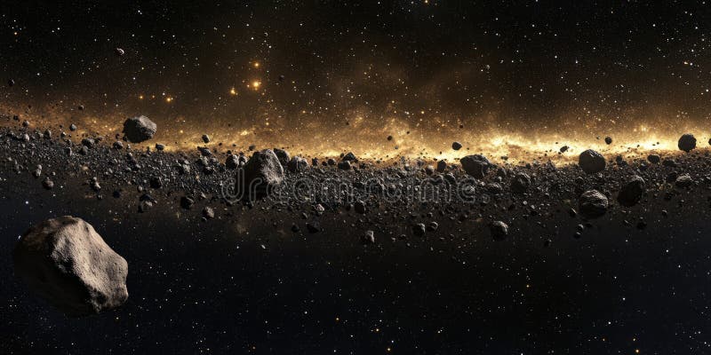 A cosmic d background with mesmerizing view of massive asteroid belt illuminated by the golden light distant star deep space immagini stock libere da diritti
