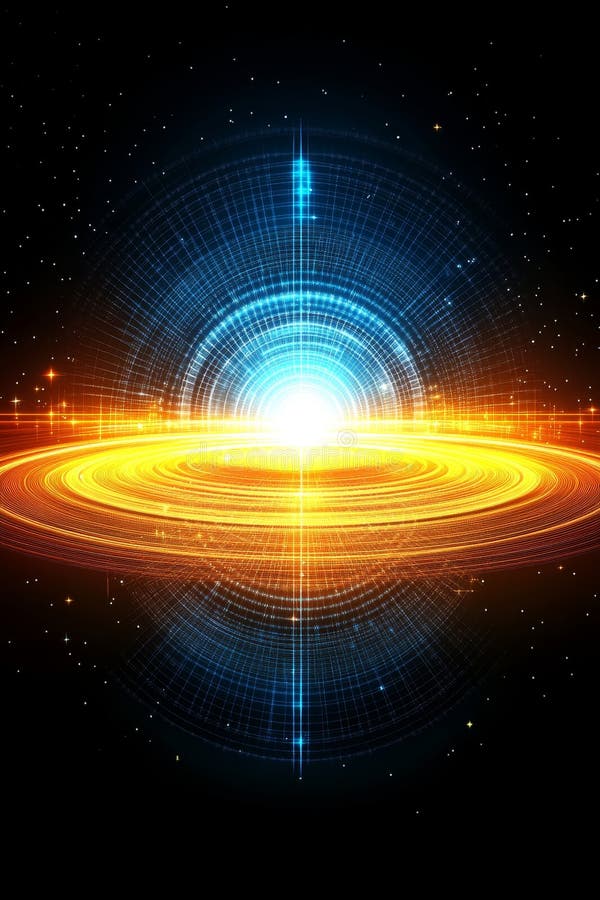Cosmic Energy Convergence Abstract Blue and Orange Galactic Lightshow Design on a Dark Backdrop royalty free illustration