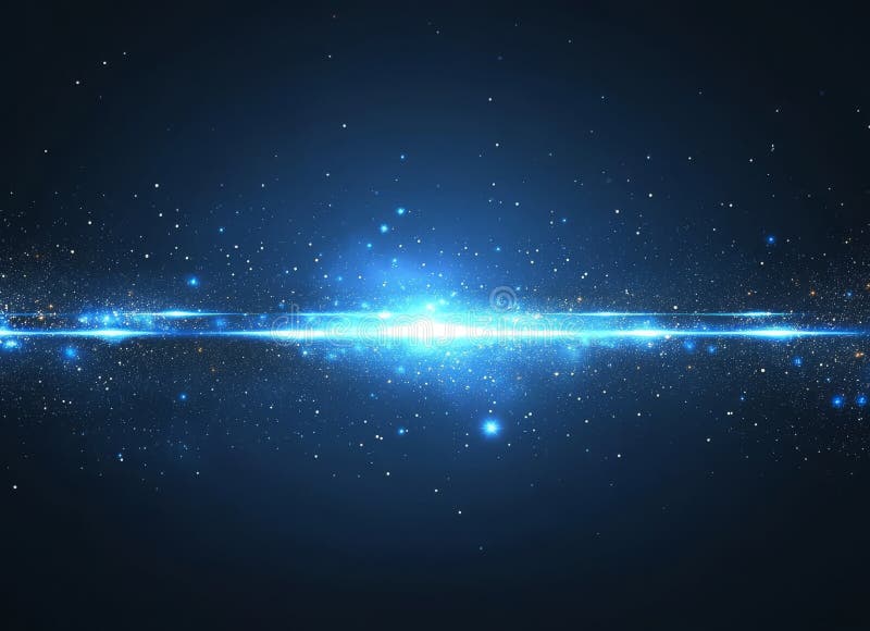 A cosmic or ethereal abstract image with blue particles swirling amidst bokeh lights. The dark backdrop accentuates the stock photos