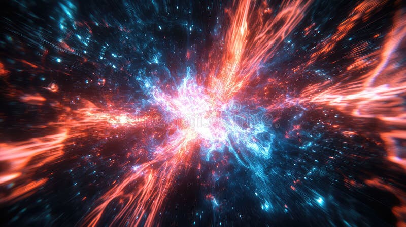 Abstract cosmic explosion with vibrant red and blue light trails and particles, evoking interstellar energy, rapid expansion, warp speed motion and futuristic plasma dynamics. Plasma blast stock images, royalty-free photos and pictures