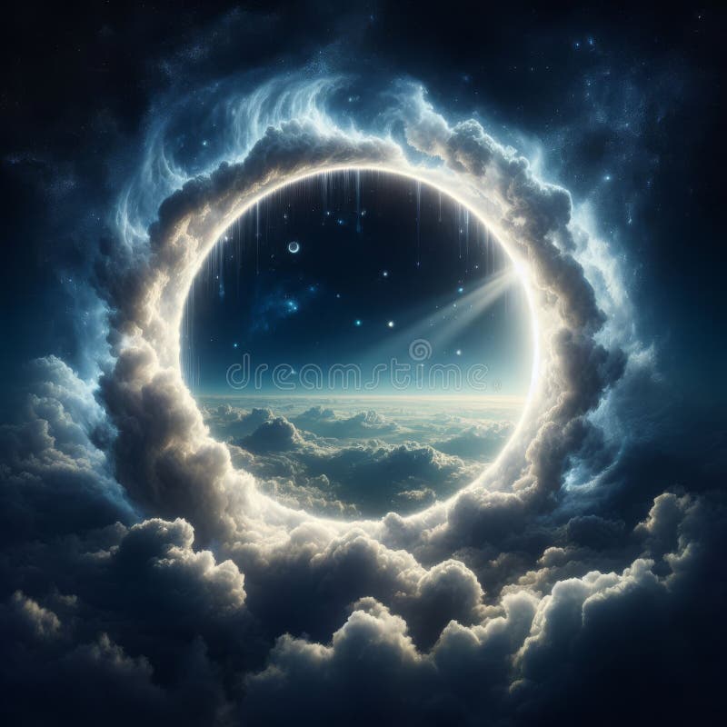 Cosmic Gateway in the Clouds. A dramatic digital artwork depicting a cosmic gateway opening in a night sky surrounded by clouds and stars, shining light downwards.. AI Generation AI generated