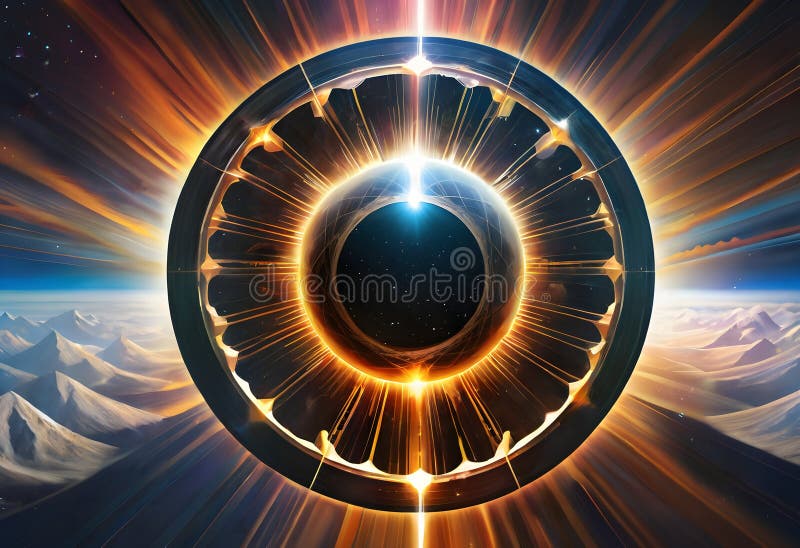 Cosmic Gateway: Energy Portal in a Mountainous Universe royalty free stock images