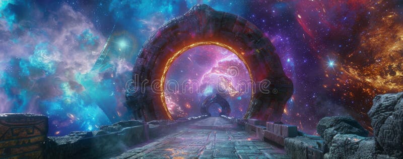 Cosmic Gateway With Futuristic Portal Surrounded By Nebula And Stars stock images