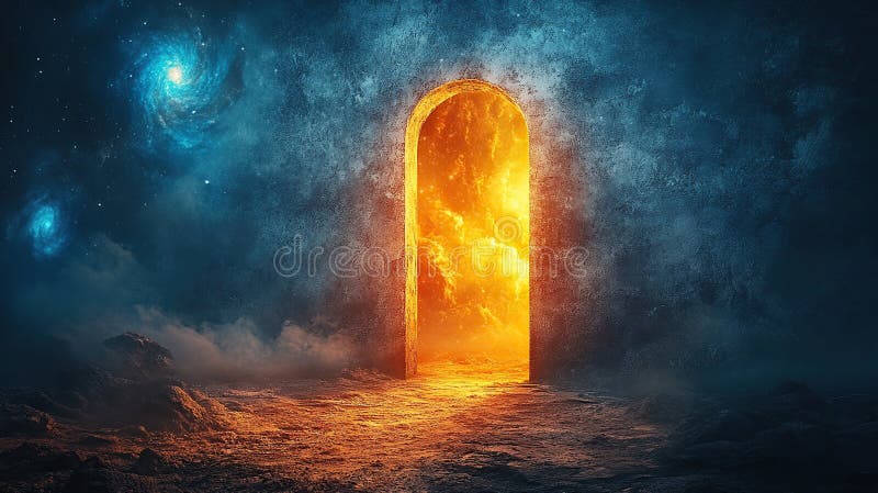 Cosmic gateway. A glowing archway leads to a fiery, otherworldly realm against a backdrop of nebulae and stars royalty free stock photo