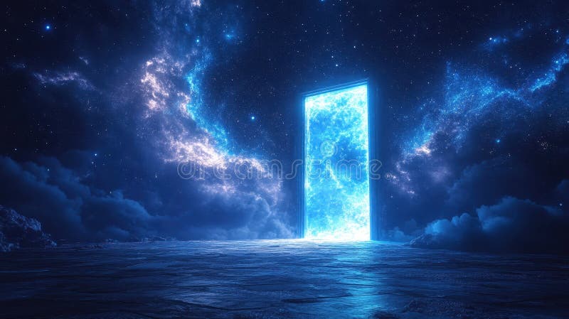 Cosmic gateway glowing under a starry sky stock image