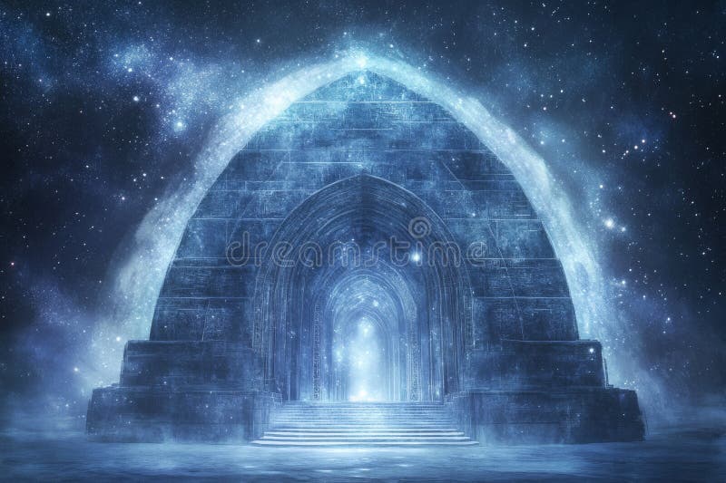 A cosmic gateway leading to a magical land with towering architecture and a starry night stock image