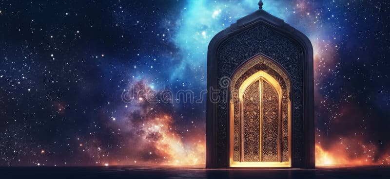 Cosmic Gateway Portal Illuminated in Starry Universe, Intricate Patterns and Mystical Design, Evoking Sense of Wonder royalty free stock photos